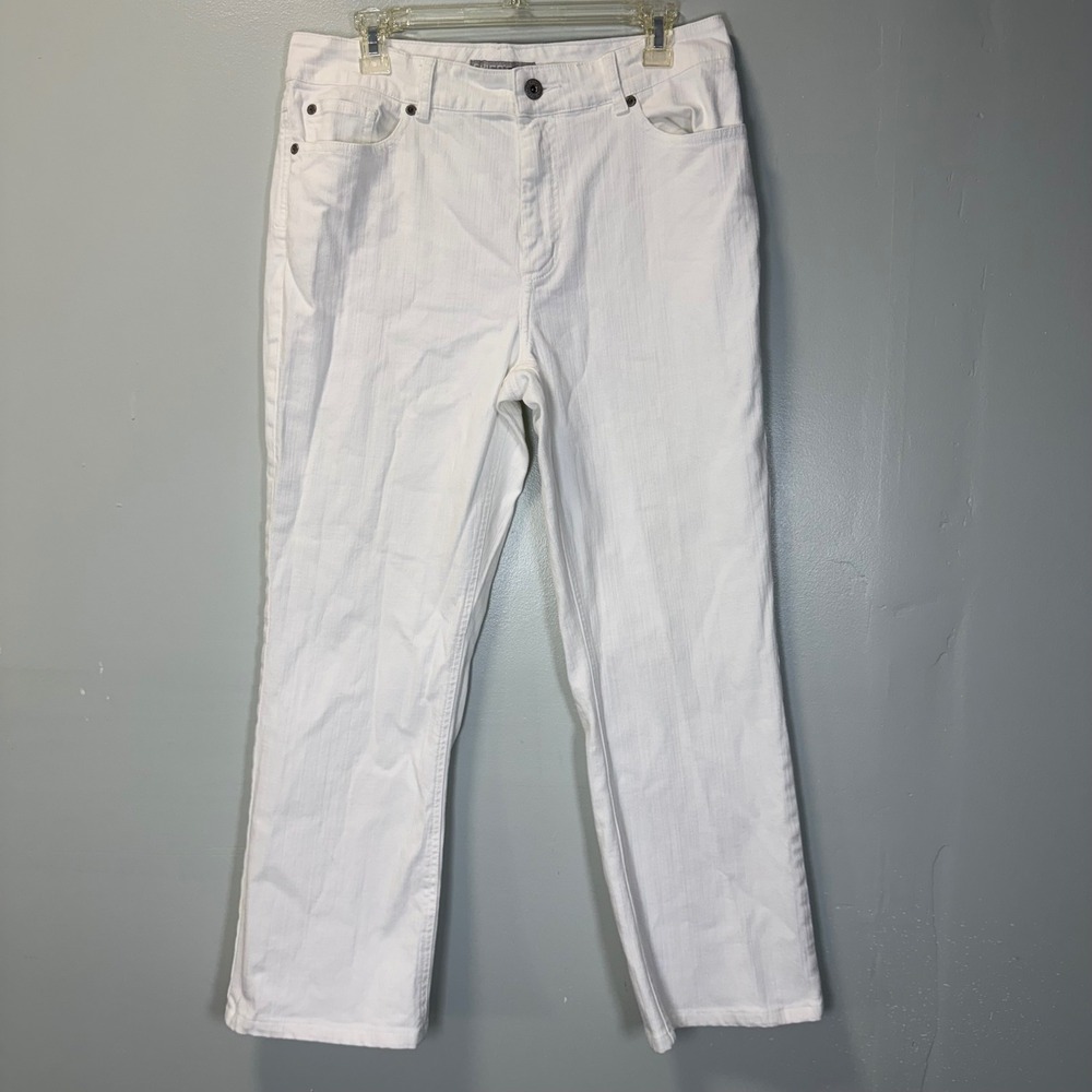 Chicos Platinum White Denim Jeans Size Large Regular Straight Leg Stretch